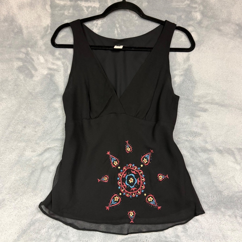 Single Black Embroidered Beaded V-Neck Sleeveless Blouse Y2K Boho Top Large